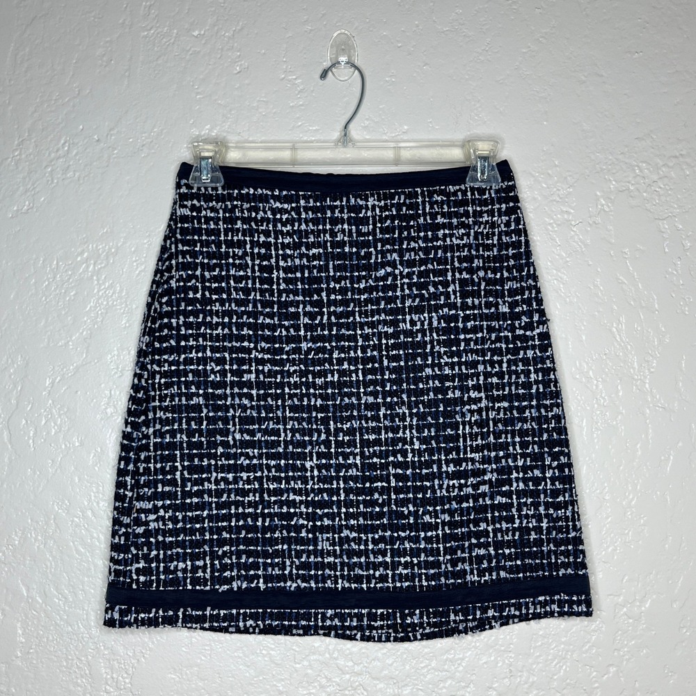Ann Taylor Boucle Tweed Pencil Skirt Navy‎ Blue White Ribbon Trim Size 6